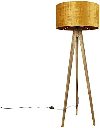 Qazqa QAZQA - Rural tripod vintage wood with gold shade 50 cm - Tripod Classic | Living room | Bedroom - Wood Round - E27 Suitable for LED - Max. 1 x 60 Watt