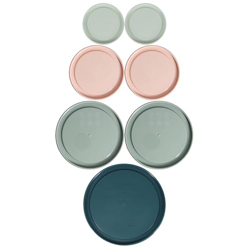 Image of Pyrex (2) 7202-PC 1 Cup White Mint, (2) 7200-PC 2 Cup Rosewater Pink, (2) 7201-PC 4 Cup Tranquil Green, (1) 7402-PC 6 /7 Cup Tarragon Green Food Storage Replacement Lids - Made in the USA