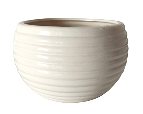 Image of UrbanRoots Horizontal Ridges Round Ceramic Pot (7 inch) (White)