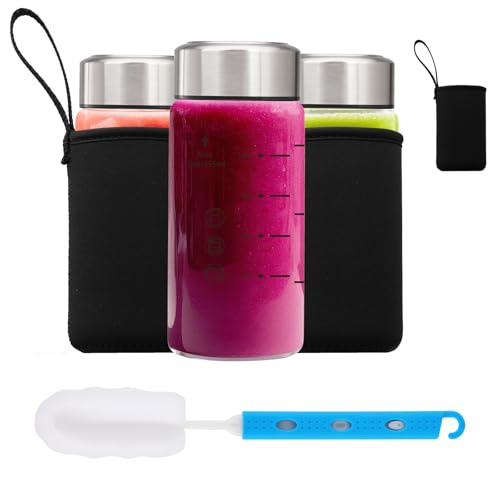 Glass Juice Bottles 12oz-3 Pack Wide Mouth Glass Water Bottles with Lids and Sleeve- for Juicing Smoothies Protein Reusable Stainless Steel Lids Leak Proof Borosilicate