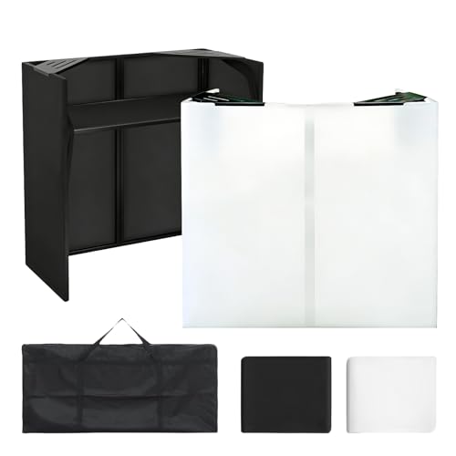 DJ Booth Portable 44 * 21 * 48in DJ Facade Booth DJ Table Stand w/Black & White Scrim Carrying Bag Metal Foldable DJ Stand Table Station for Wedding Show Party
