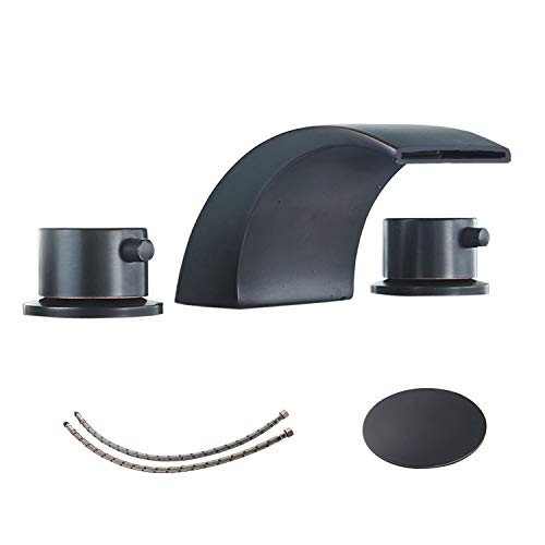 BWE Led Oil Rubbed Bronze 8 Inch Widespread Waterfall Bathroom Faucet 3 Hole Rustic with Pop Up Drain Assembly and Supply Line 2 Handles Black Vanity Lavatory Sink Mixer Tap