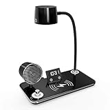 Station 4-en-1 : Lampe de bureau LED multifonction avec chargeur sans fil 15W, enceinte Bluetooth et horloge intégrée. Une solution idéale pour optimiser l'espace de votre bureau ou table de chevet