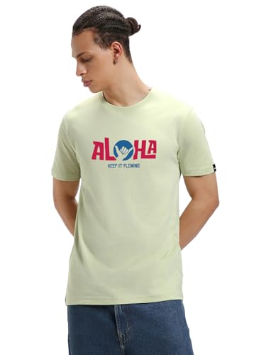 Image of Bewakoof Men's Typography Regular Fit Half Sleeve Round Neck Pure Cotton T-Shirt 1500903 Green 3XL