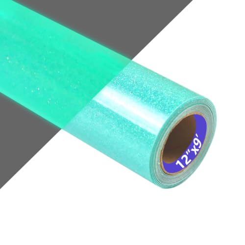 Image of HTVVETUR Glitter Cyan Heat Transfer Vinyl, Glow in The Dark HTV Vinyl Roll 12 inch x 9ft, Easy to Cut & Weed for Heat Press DIY Craft