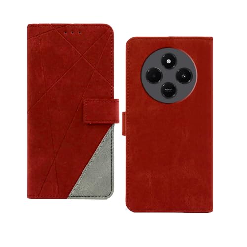 Image of amazon basics Redmi A4 5G Flip Cover | Card Pockets Wallet & Stand | Flip Cover for Redmi A4 5G (Red with Grey)