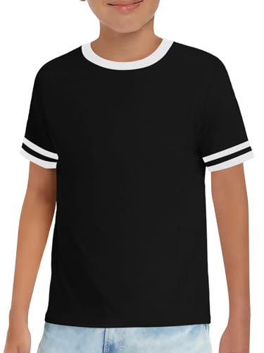 Haloumoning Boys Short Sleeve T Shirts Kids Summer Crewneck Color Block Tops Fashion Tees 5-14 Years Black