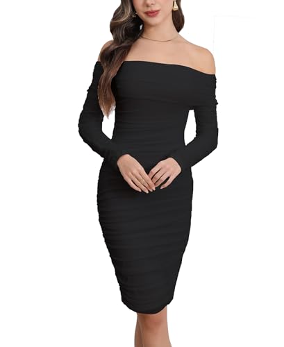 Image of Fooullaide Women's Sexy Off Shoulder Sleeveless Bodycon Ruched Midi Dress | Stretchy, Breathable, Mesh, Not See-Through, Elegant,Formal Gown, Cocktail, Evening, Party, Night Out Tube Dresses