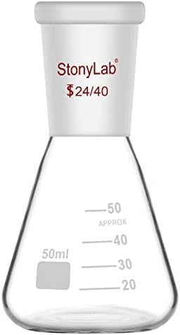 StonyLab Glass 24/40 Erlenmeyer Flask, Borosilicate Glass Heavy Wall Flask with 24/40 Standard Taper Outer Joint, 50ml