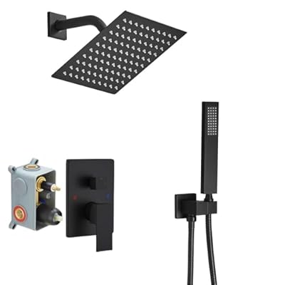 JingGang Matte Black Shower System Bathroom Rainfall Shower Faucet Set Complete Wall Mounted 8 Inch Shower Head and Handle Set with Rough-in Valve Body and Trim Kit