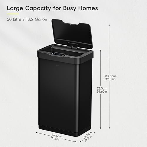 Image of EKO Mirage-T 50 Liter / 13.2 Gallon Touchless Rectangular Motion Sensor Trash Can or Recycling Bin, Brushed Stainless Steel Finish (Matte Black)