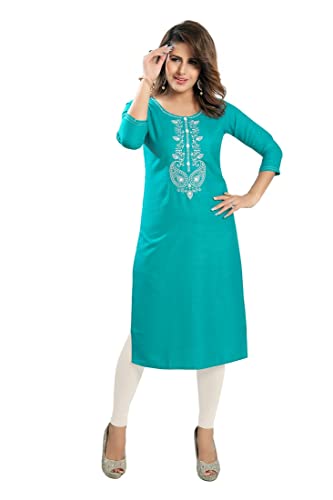 Image of DREAM & DZIRE Blue Office wear Kurti for Women in Pine Cotton Plus Size & Small Size.