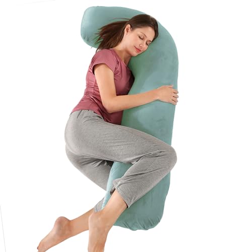 Almohada Embarazada Dormir, Sleep Confort Almohada, Forma de J Almohada de Lactancia Corporal, Almohada Apoyo y Cuerpo Completo para Eembarazo con Funda de Extraíble Lavables, 65 x 125 cm Verde