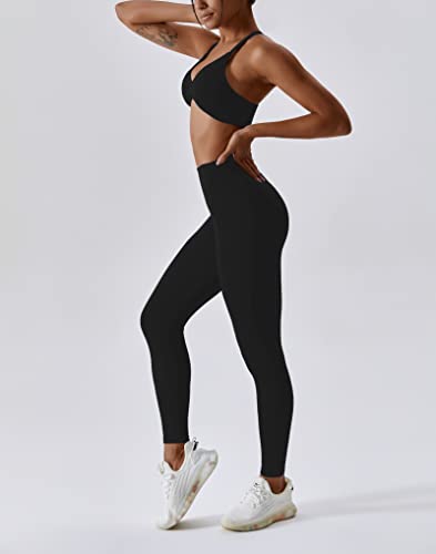 Abociw Workout Sets For Women V-Neck Twist Front Strappy Criss-Cross Back Sport Bra Tummy Conrol High Waist Leggings 2 Piece Exercise Gym Yoga Outfit Black X-Large #TOP3