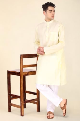 Image of Men's Cotton Solid Kurta Set Mandarin Collar Regular Fit Long Sleeves Ethnic Dress
