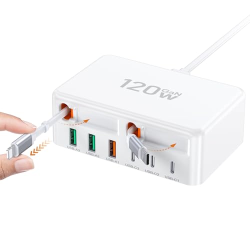 120W USB C Fast Charger with Dual Retractable Cables 8-in-1 Retractable USB Plug UK Charging Station Travel Essentials Multiport USB Power Hub for iPhone 17 16 15 14 iPad 5ft Cord