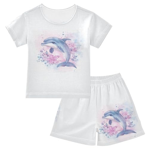 Floral Dolphin Watercolor Pajama Set Short Sleeve Nightwear Soft Clothes Set Summer Pajamas Cotton 5Y