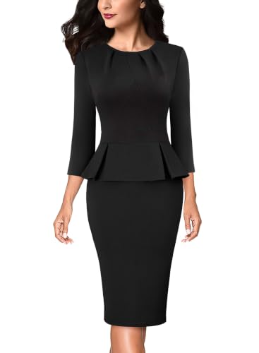 Image of VFSHOW Womens Pleated Crew Neck Peplum Slim Work Business Bodycon Dress | 3 /4 Sleeves, Professional Elegant Church, Funeral, Spring Fall, Fitted Office Pencil Sheath Dress