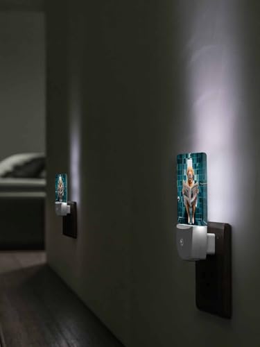 Image of Night Light Plug in LED Lamp Automatic Sensor Night Lights Plug into Wall Funny Dog Golden Retriever Sitting on The Toilet Reading Newspaper Bathroom Bedroom Hallway Bright Decor Dim Night-Lights