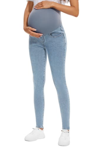 Poshglam Women's Maternity Skinny Jeans Over Belly Slim Comfy Stretch Denim Jeggings(Light Blue, Large) #TOP2