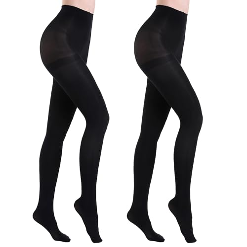 HA WA 2 Pairs Womens Opaque Black Tights 40D Control Top Nylon Pantyhose Sheer Stockings for Women