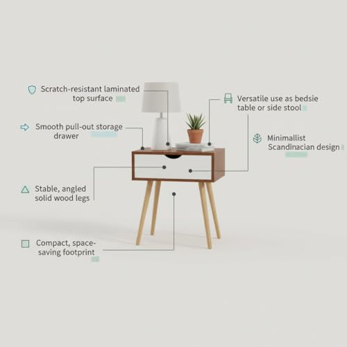 Image of Modern Bedside Table with Drawers & Wooden Legs | Compact Nightstand for Bedroom | Scandinavian Style Side Table with Storage for Home Living Room (Walnut White, 1 Drawer)