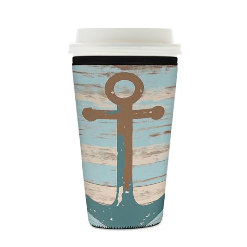 Myfsucce Funda reutilizable para taza de café, funda de neopreno para café helado con estampado retro de ancla, 2 mm de grosor, tamaño de 16 a 18 onzas