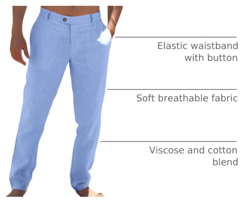 Image of Runcati Mens Casual Pants Elastic Waist Linen Dress Lightweight Straight-Legs Loose Fit Summer Beach Yoga Trousers