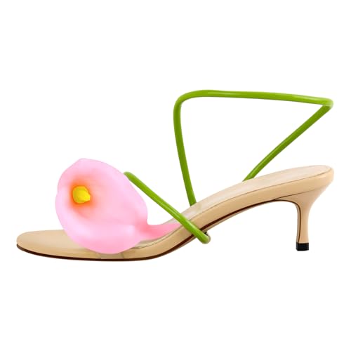 MissHeel Pink Flower Heels for Women Nude Heel 2.5 inch Dressy Shoes Green Wedding High-Heel with Pink Flowers Sandals Floral Party Prom Size 11