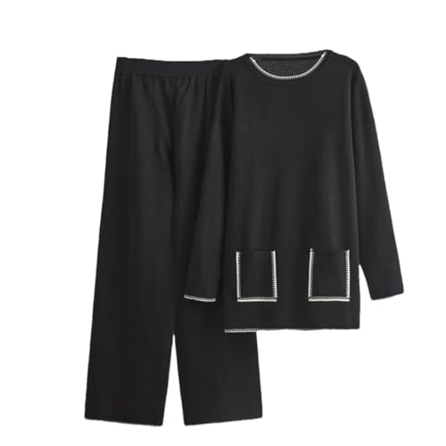 Ensemble 2 pièces tricoté femme noir L avec haut manches longues et col rond