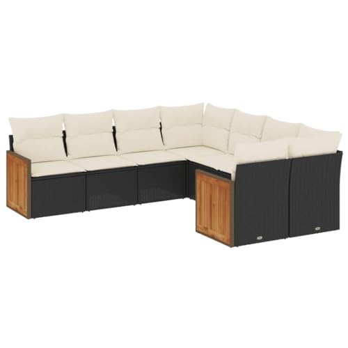 Mhdvray Salon de Jardin 8 Pièces en Résine Tressée Noire, Ensemble de Canapés d'Extérieur Modulable avec Coussins Blanc Crème, Mobilier de Terrasse,...