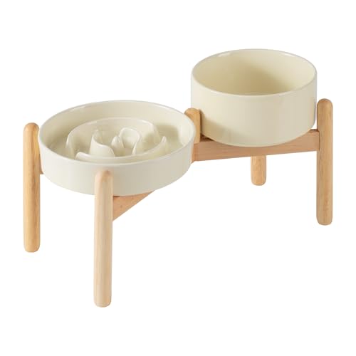 Havniva Ceramic 1.2 Cup Raised Slow Feeder Dog Bowl Set, Elevated 6.1inch Bowl and 7.3inch Puzzle Slow Food Dish with Wooden Stand for Medium and Small Dog, Anti-Gulping (2 x Beige+ Stand)
