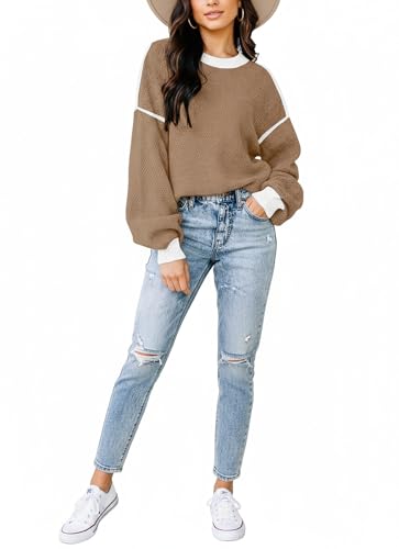Image of Disamer Oversized Sweaters for Women Fall 2023 Trendy Solid Color Crewneck Batwing Long Sleeve Sweater Knit Side Slit Pullover Tops