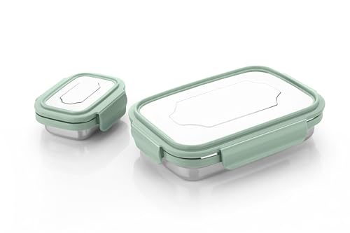 Image of Attro E-lite Stainless Steel Lunch Box with Small Container Sleek & Compact Food Grade Ideal for Office, School, Picnic & Outdoor - 800ml+180ml Mint Green