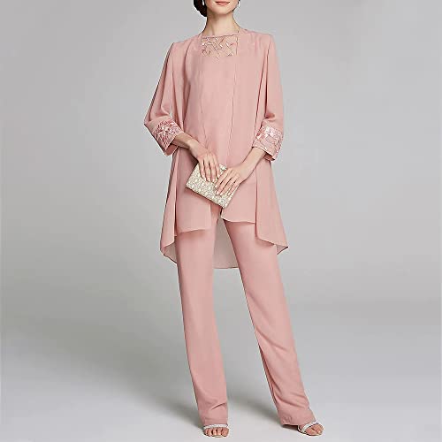 Zongqiven Women's Mother of The Bride Pants Suits Full Length Chiffon Lace 3/4 Sleeve 3 Pcs Wedding Sets2