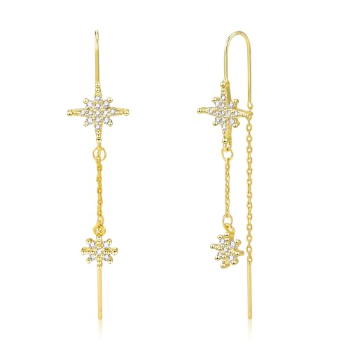 Sterling Silver Dangle Earrings for Women| Threader Drop Silver CZ Star Dangle Earrings for Women Teen Girls Long Dangle Earrings Prom Threader Tassel Cubic Zirconia Jewelry Gifts