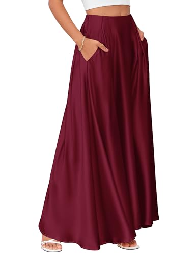 MAKABO Flowy Satin Burgundy Skirts for Women Fall, Maxi A line Skirt High Waisted for Winter...