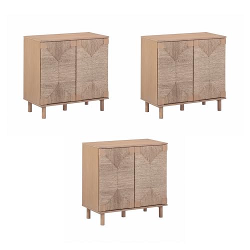 Image of Nathan James Beacon Boho TV Stand, Free Standing Kitchen Cabinet Storage with Adjustable Interior Shelf and Seagrass Accent, Seagrass /Raw Oak, Set of 3