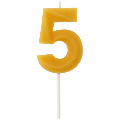 Folat 24305 Chiffre 5-Cire dábeille-4,5 cm-Fabrication de Produits naturels, Bougies numérotées d'anniversaire Résistantes aux gouttes, brûlent plus longtemps, parfum de miel, Jaune