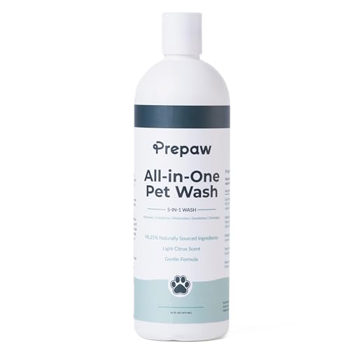 PREPAW Pet Wash - 5 in 1 (Cleans, Conditions, Moisturizes, Deodorizes & Detangles) - Natural Ingredients - Gentle for Sensitive Skin - Softens Coat & Quick Rinse | Light Citrus Scent, 16 fl oz