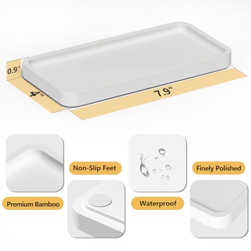 Image of Weenson Small Bathroom Vanity Tray for Countertop Makeup Perfume Jewelry Decor Candle Keys, Bamboo Kitchen Tray for Soap Dispenser Spice, Small White Toilet Tray for Sink7.9 L x 4 inch W x 0.79 inch H