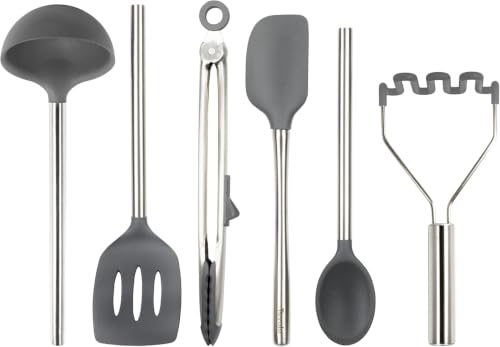 Image of Tovolo Silicone Cooking Utensil Set of 6 Stainless Steel Handle Ladle Slotted Turner Tongs Flex Core Spatula Scraper Mixing Spoon & Potato Masher, Dishwasher Safe BPA Free Utensils, Charcoal Gray