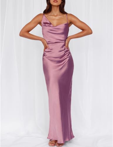 Image of Formal Satin Silk Spaghetti Strap Maxi Dresses for Women Wedding Guest