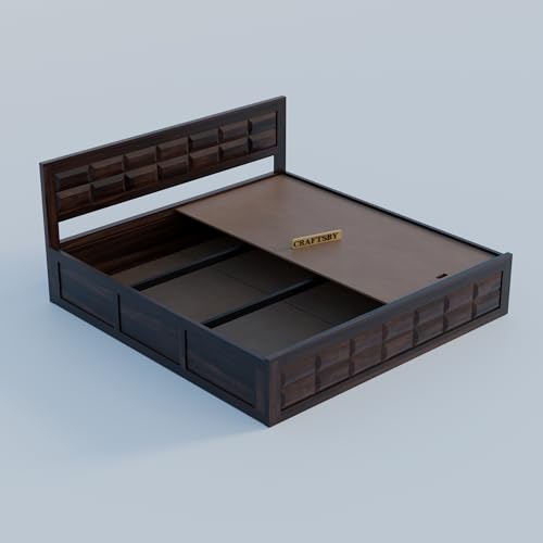 Image of Solid Sheesham Wood King Size Bed with Storage | Wooden Double Bed Cot for Bedroom & Home | Palang Double Bed with Designer Headboard | Walnut Finish, 81 x 74 Inch