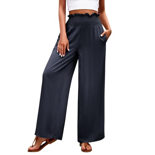 Womens Summer Pants Baggy Trendy High Rise Wide Leg Pants Palazzo Stretch Elastic Solid 2025 Outfit Ruched with Pocket4
