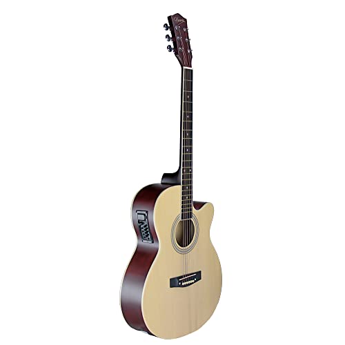 Image of Henrix 40CE 40 Inch Cutaway Linden Wood Electro-Acoustic Guitar With Dual Action Truss Rod, Gigbag, Picks, String Set, String Winder, Strap, Polishing Cloth & Ebook - Natural