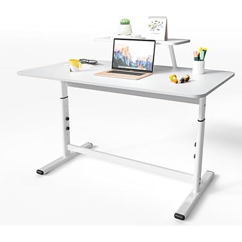 ENPKLUTE Computer Desk with Monitor Stand, 48 Inch Manual Standing Desk Adjustable Height, Ergonomic Rising Desks for Home Office, Simple Writing Study Desk, Sit Stand Up Desk for Bedroom, White Cover