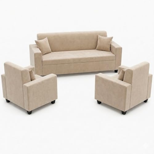 Image of FURNY QualityWood 3 Seater + 1 Seater + 1 Seater Fabric Sofa Set (Beige) with Velvet Finish | Durable Comfort | Ideal for Living Room