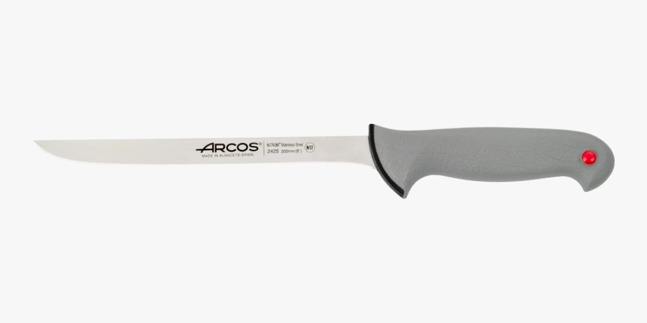 Arcos Serie Colour Prof - Cuchillo Fileteador Flexible - Hoja de Acero Inoxidable NITRUM de 200 mm - Mango de Polipropileno recubierto de Elastómero Color gris