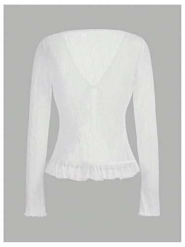 Milumia Women's Textured V Neck Tie Front Ruffle Trim Long Sleeve Mesh Cardigans2